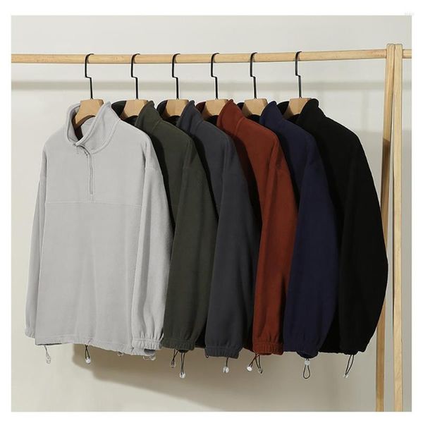 Sweats à capuche pour hommes Corée Sweat-shirts élégants Couleur unie Manches longues Casual Lâche Cordon Demi-Zip Chaud Polaire Mâle Vêtements C5376