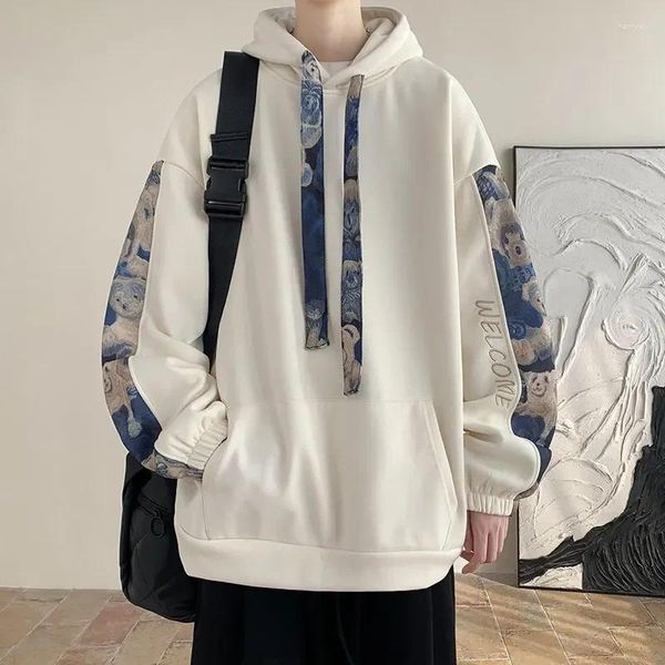 Sweat à capuche pour hommes, Style coréen, Streetwear, tendance, motif brodé sur le côté, ample, décontracté, avec cordon de serrage