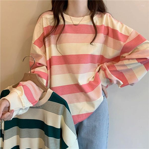 Sudaderas con capucha para hombre, versión coreana, Top para mujer, jersey a rayas rosa a juego, sudadera de manga larga con cuello redondo para chicas adolescentes de otoño, ropa