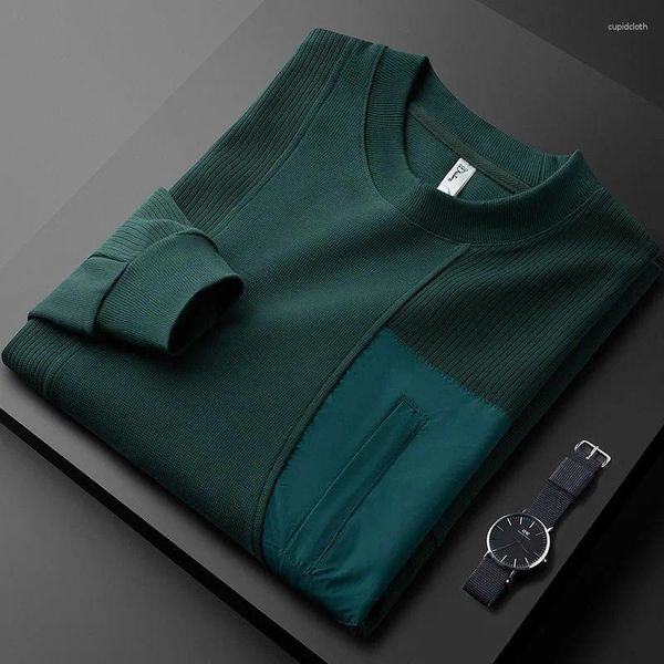 Sweats à capuche pour hommes Light Luxury Fashion Design Pull à col rond épissé pour hommes 2023 Automne Haute Qualité Vert Foncé Casual T-shirt à manches longues