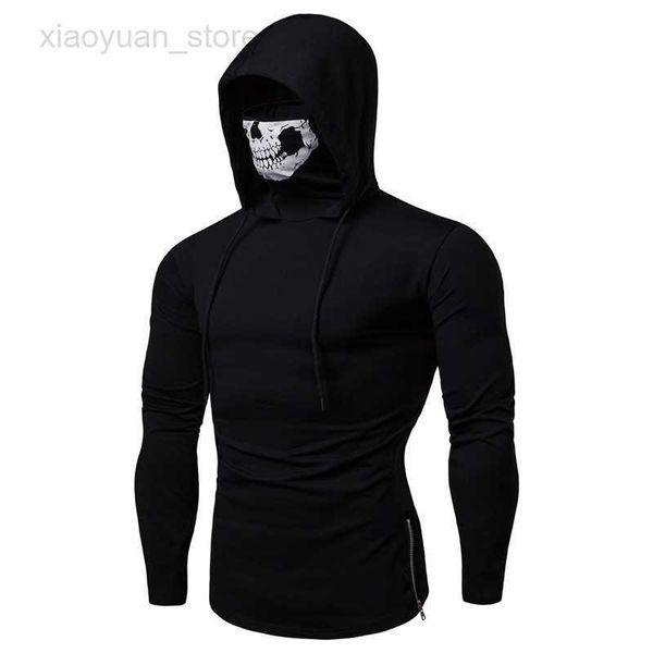 Sweats à capuche pour hommes à manches longues Sweats à capuche pour hommes avec masque imprimé squelette Noir Gris Élasticité Manteau Moto Biker Style Cool Hommes Hoodies HKD230704