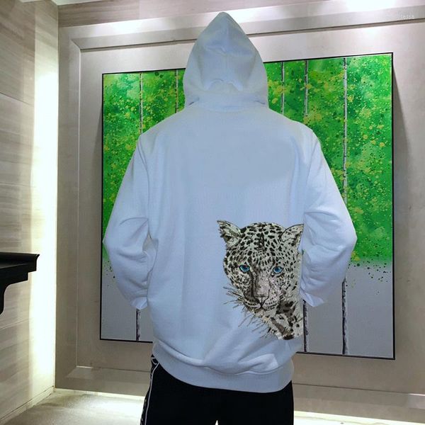 Sudaderas con capucha para hombre, Sudadera con capucha de algodón con estampado de leopardo luminoso y diamantes de imitación, Jersey grueso de invierno con capucha