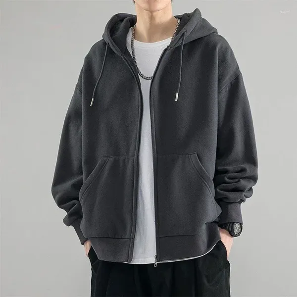 Sudaderas con capucha para hombres Ropa masculina Sudadera sólida para hombres con capucha Negro Cremallera completa con cremallera de alta calidad Camisa de sudor suelta Simple Y2k Vintage Invierno