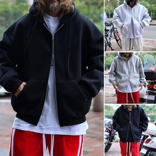 Sudaderas con capucha para hombre, abrigo con capucha de Color sólido con doble cremallera, bolsillos con cordón, ropa de calle holgada para otoño e invierno