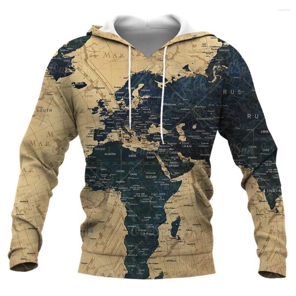 Mapa de sudaderas para hombres Mapa vintage 3D estampado Autumn Men/Women Capianas de manga larga Casco de sudadera de gran tamaño de gran tamaño Tops Men Clothing