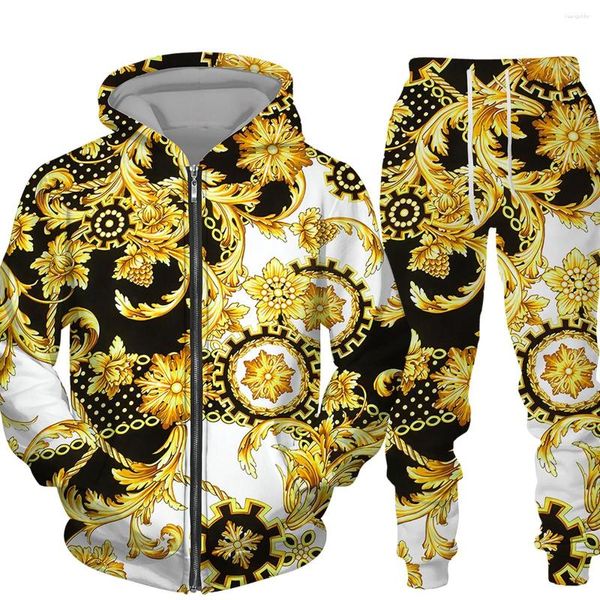 Sweats à capuche pour hommes Sweat à capuche zippé à motif de chaîne dorée pour hommes / Costume Veste mince de style baroque Grande taille Sweat à capuche pour hommes