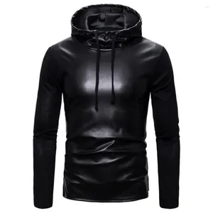 Sudaderas con capucha para hombre, Sudadera con capucha de piel sintética, Top para discoteca, chaqueta de motocicleta con cordón, sudaderas ajustadas para hombre, ropa informal estilo Hip Hop, camiseta