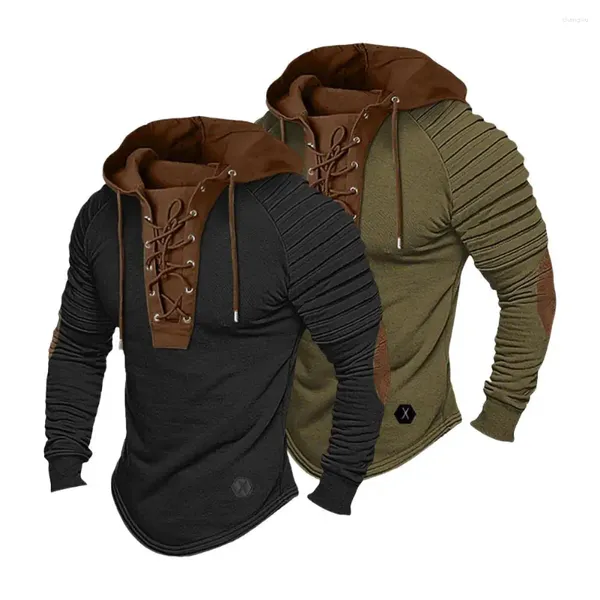 Sweats à capuche pour hommes Sweat à capuche pour hommes Vintage à lacets Sweat à capuche avec cordon de serrage avec épaules plissées Doux Extensible Respirant Quotidien Haut Long