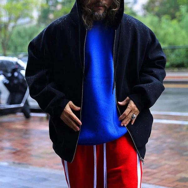 Sudaderas con capucha para hombre Abrigo con capucha para hombre Ropa de abrigo con doble cremallera y bolsillos con cordón Color sólido Ajuste holgado Cálido