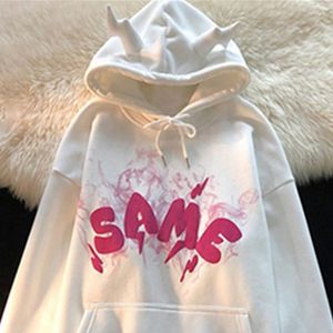 Hommes Hoodies Hommes Lettre Imprimer Automne Mignon Corne Cordon À Manches Longues Lâche Sweat À Capuche Unisexe Casual Surdimensionné Pull Tops