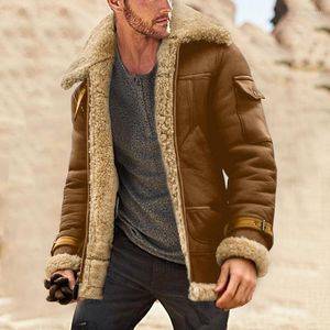 Sudaderas con capucha para hombre, abrigo de invierno para hombre, chaqueta de cuero acolchada de manga larga con cuello de solapa, piel de oveja gruesa Vintage para hombre grande