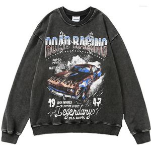 Sudaderas con capucha para hombre, sudadera con capucha Hip Hop Vintage Retro Flame Car Print, jersey lavado desgastado 2022 Harajuku Casual cuello redondo