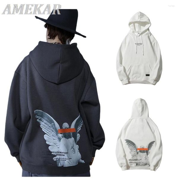 Sweats à capuche pour hommes Hommes Hip Hop Streetwear Harajuku Pull Ange Dieu Imprimé Sweat à capuche Poche coton polaire gris Sweat à capuche Sweat à capuche