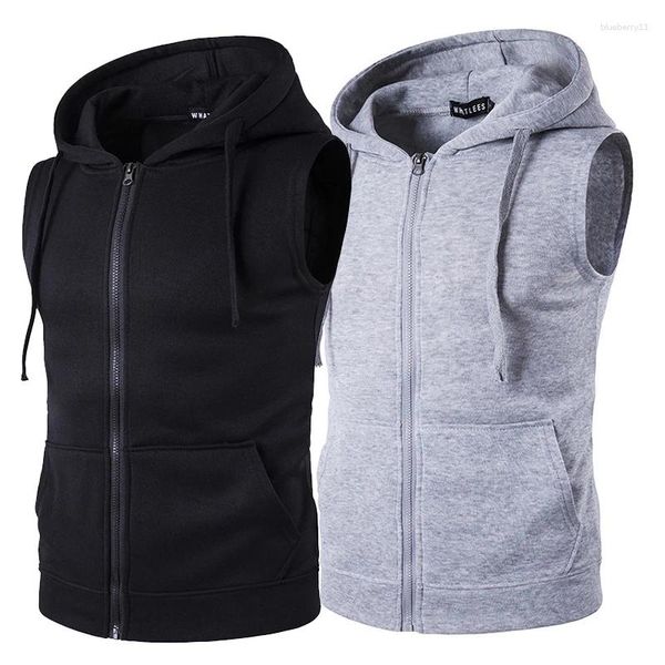 Sweat à capuche pour hommes, sans manches, fermeture éclair, décontracté, couleur unie, veste en coton, gilet, haut, été automne