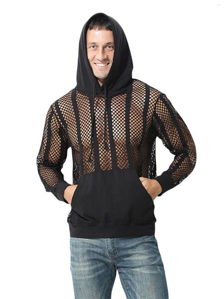 Hommes Hoodies Hommes Sexy Résille Voir À Travers Chemise Blouses À Manches Longues À Capuche Pull Débardeur Muscle Mesh T-Shirt Tops Clubwear