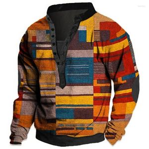 Sweats à capuche pour hommes Patchwork Sweatshirts Color Block 3D Imprimé Mode Vintage Boutonné Col Montant Homme Mâle Pulls Survêtement