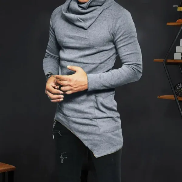 Sweat à capuche pour hommes, col à poils, manches longues, poche, mi-long, décontracté, pour adolescents, printemps automne, ourlet irrégulier, haut pull