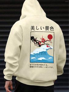 Sweats à capuche pour hommes Fleurs de prunier Vagues Coucher de soleil Harajuku Impression Sweat à capuche pour hommes Style japonais Vêtements en polaire Homme Confortable Rue Sweat à capuche Hip Hop