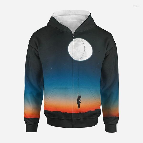 Sudaderas con capucha para hombre, Sudadera con capucha con gráfico R Moon y cremallera, ropa para hombre con estampado 3D, Tops de moda Harajuku para mujer, jerséis Y2k con capucha