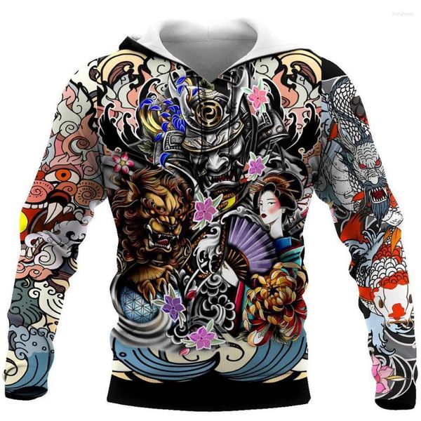 Sudaderas con capucha para hombre Samurai Geisha y Lion Tattoo 3D All Over Printed Sudadera con capucha Unisex Zipper Casual Streetwear