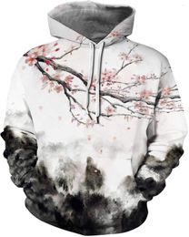 Sweats à capuche pour hommes Printemps Automne Sports Casual Fleur de prunier Vague Forêt Cocotier Pull Sweatshirs Polyester Poche Veste à capuche