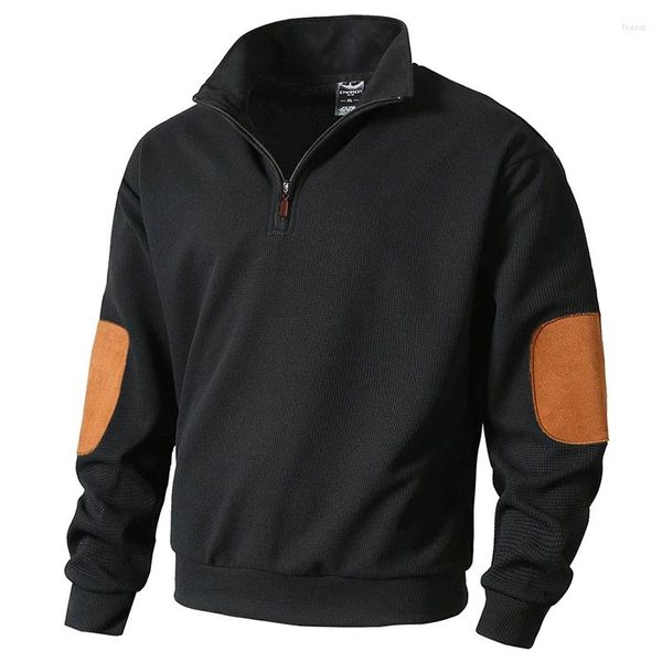 Sudaderas con capucha para hombre Primavera Casual Jersey para hombre Suelto Manga larga Cremallera Solapa Sudaderas Ropa para hombre Moda Patchwork Contraste Color Waffle