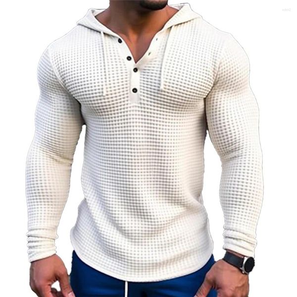 Sudaderas con capucha para hombre Primavera Hombres Tops con capucha Color sólido A cuadros Sudaderas con botones de manga larga sueltas Jerséis de otoño Ropa de calle masculina al aire libre