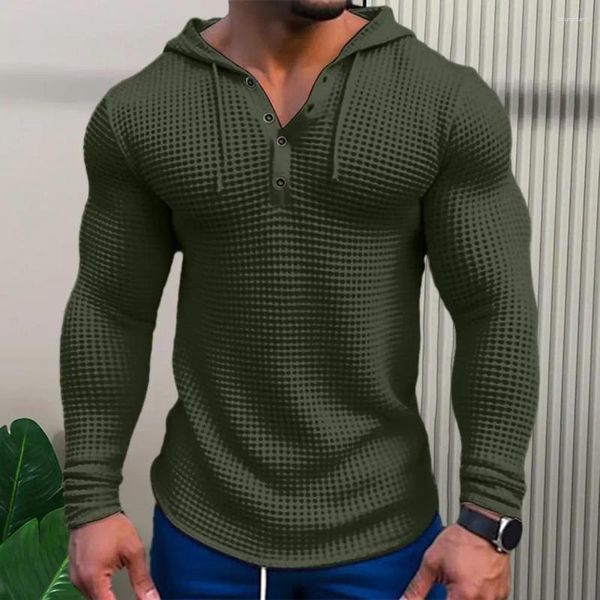 Sudaderas con capucha para hombre, camiseta de manga larga ajustada de Color sólido de primavera, abrigo deportivo transpirable con cuello en V pequeño, informal de algodón Waffle