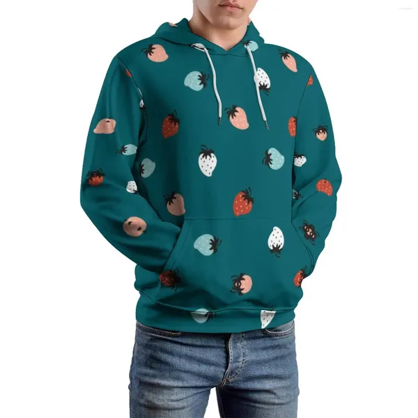 Sudaderas con capucha para hombre, Jersey elegante con capucha de fruta holgada colorida de fresa, Tops de diseño informal de gran tamaño de manga larga para hombre