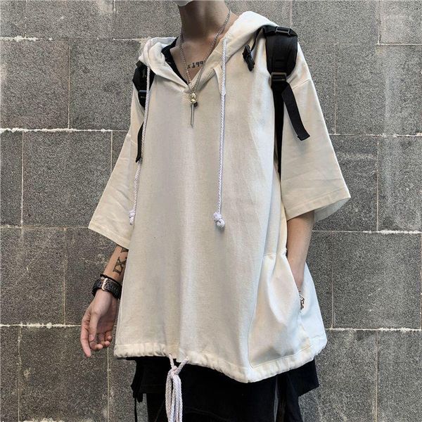 Sudaderas con capucha para hombre, sudaderas con capucha de manga corta con cordón de verano para hombre, moda estudiantil Harajuku informal Punk, jersey de gran tamaño en negro y blanco