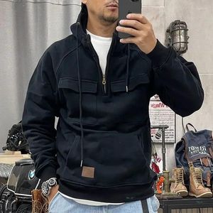 Hoodies dos homens moletom para homens da motocicleta roupas masculinas estéticas preto meio zip sólido com capuz streetwear suor camisa designer inverno