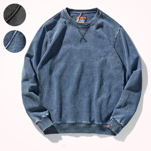 Sudaderas con capucha para hombres Sudaderas 2021 Otoño American Retro O-cuello Moda Puro Algodón Lavado Viejo Denim Terry Casual Jersey Sportwear