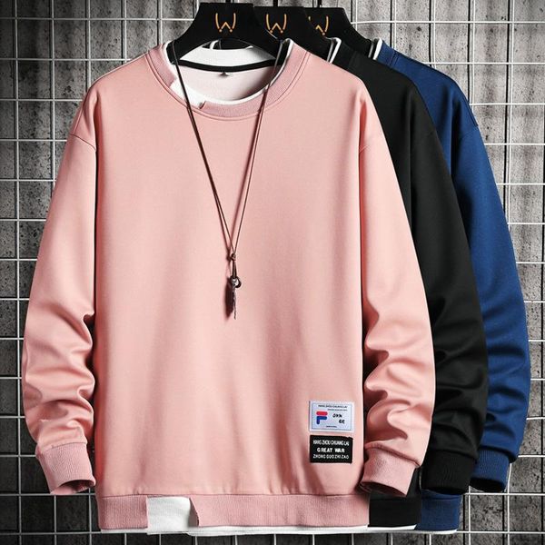 Sudaderas con capucha para hombre, otoño 2021, sudadera falsa de dos piezas, manga larga, estilo coreano, cuello redondo, M-4XL, ropa informal suelta, ropa de moda para hombre