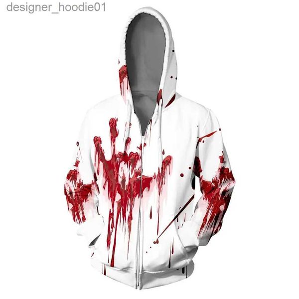 Sweats à capuche pour hommes Sweatshirts 2022 Nouveau T-shirt à capuche 3D Zipper Blood Splatter Hommes Femmes Horreur Halloween 3D Zipper College Cosplay Costumes L231027