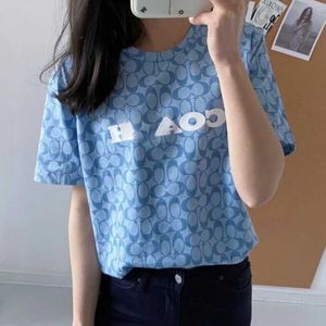 23 Nueva camiseta de mujer Chambray Blue Full Print Manga corta Casual Collar Tees T230710