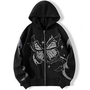 Sudaderas con capucha para hombre Sudaderas New Y2K High Count Matrix Butterfly Print Zipper Sudadera con capucha Casual Sudadera con capucha Hombres Cardigan Coat T240304