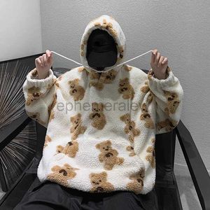 Sweat-shirt à capuche en molleton flou pour hommes, Streetwear, imprimé ours en peluche, décontracté, avec application, corde groupée, 2023