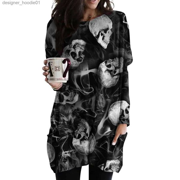 Sudaderas con capucha para hombres Sudaderas 2023 Abrigo de Halloween para mujer Vestido con estampado de cabeza de calavera de terror en 3D Y2K Camiseta de manga larga para mujer de longitud media Ventas directas de fábrica L231027