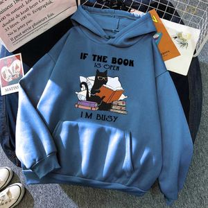 Hoodies voor heren Sweatshirts 2023 Nieuwe Cat If The Book Is Open I'm Busy Zwart Hoody Dames Casual ronde hals hoodie Mode Loose Fit Pullover K5GE