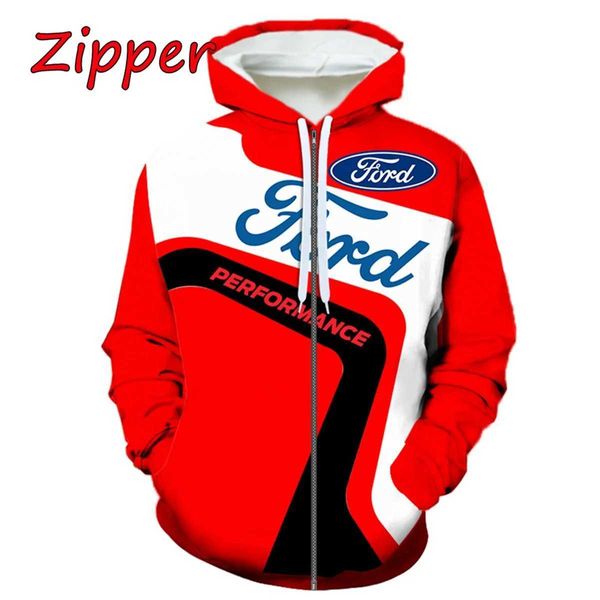 Sweats à capuche masculine 2024 New Mens Ford Ford 3D Sweat à capuche à fermeture éclair imprimé et femmes Harajuku Pullover Racing Vestes Q240506