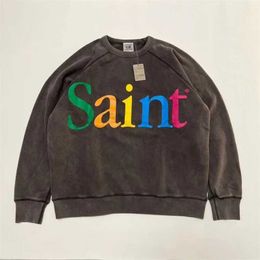 Sudaderas con capucha para hombre Sudaderas 23SS Nuevo estilo SAINT MICHAEL COLORFUL SAINT Sudaderas Hombres Mujeres 1 1 Sudadera con capucha de alta calidad Estampado agrietado Cuello redondo Tiny Spark J240130