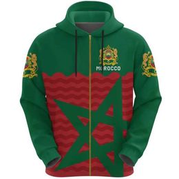 Sweats à capuche masculine Sweats Sweats 3D Emblème Maroc Imprimée zip à sweats à capuche pour hommes Soiritual Totem Le drapeau du marocie graphique à sweat à capuche Harajuku Y2K Vêtements 240424