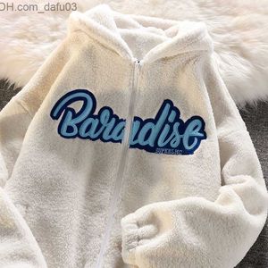 Hoodies voor heren Sweatshirts Voeg fluwelen kussen toe Extreme wol Letter Borduursel Rits Hoodie Cardigan Dames Y2K Lambswool Unisex Top Z230802