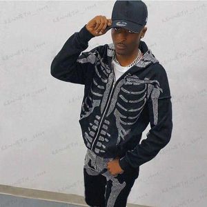 Heren Hoodies Sweatshirts American Fashion-selling Strass Skeletprint Zwart Y2k Gothic Lange mouwen Capuchon met volledige ritssluiting Oversized T230316