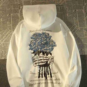 Heren Hoodies Sweatshirts Amerikaanse vrouwen hiphop straat bloemenschedel handafdruk grote maat trui met capuchon voor mannen en vrouwen ins Harajuku stijl losse sweateryolq