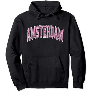 Heren Hoodies Sweatshirts Amsterdam Netherlands Varsnity Style Pink Text Pullover Hoodie