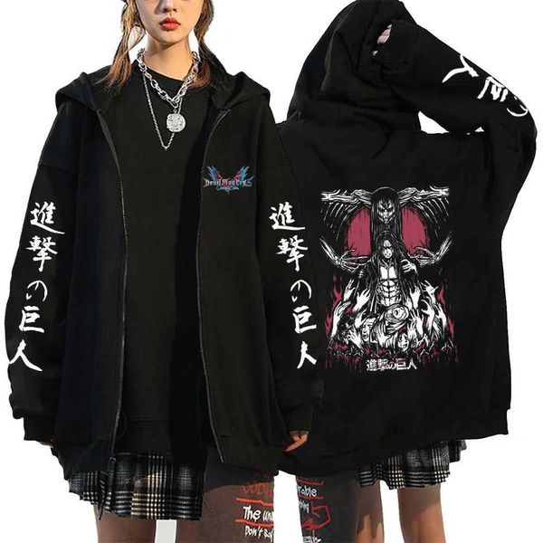 Sweats à capuche pour hommes Attaque d'anime sur Titan Men Femmes Zip Sweat à capuche Yeager Eren Cagoule imprimée plus sweat-shirt de taille Harajuku Hiver Tillover T240510