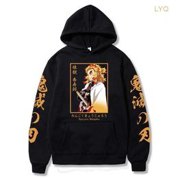 Sweats à capuche pour hommes Sweatshirts Anime Demon Slayer Sweat à capuche Hommes Femmes Kyojuro Rengoku Sweat-shirt d'hiver Streetwear surdimensionné Y2k Pulls décontractés en vrac