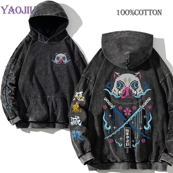 Sweats à capuche pour hommes Sweatshirts Anime Kimetsu no Yaiba Inosuke à capuche 100% coton vêtements pour hommes Vintage noir acide lavage sweat à capuche pour hommes femmes Hip Hop sweats 230822