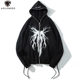 Heren Hoodies Sweatshirts Aolamegs Punk Grafische afdruk Zipper Ribbon Hoodie Hoodie Men Casual Black Cool Oversize Coat Fashion Sweatshirt Streetwear Autumn 230111